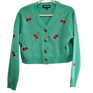 Sweet & Sinful Cherry Embroidered Crop Cardigan Size L Y2K Cottagecore Edgy Boho